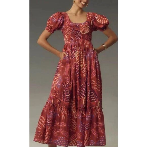 Farm Rio Anthropologie  Puff-Sleeve Smocked Maxi Dress Red Multi Small - Picture 2 of 11
